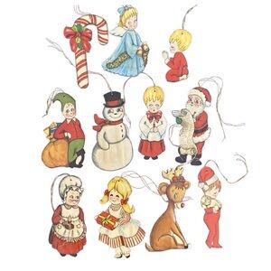 Vintage Wooden cut Christmas Ornament Set